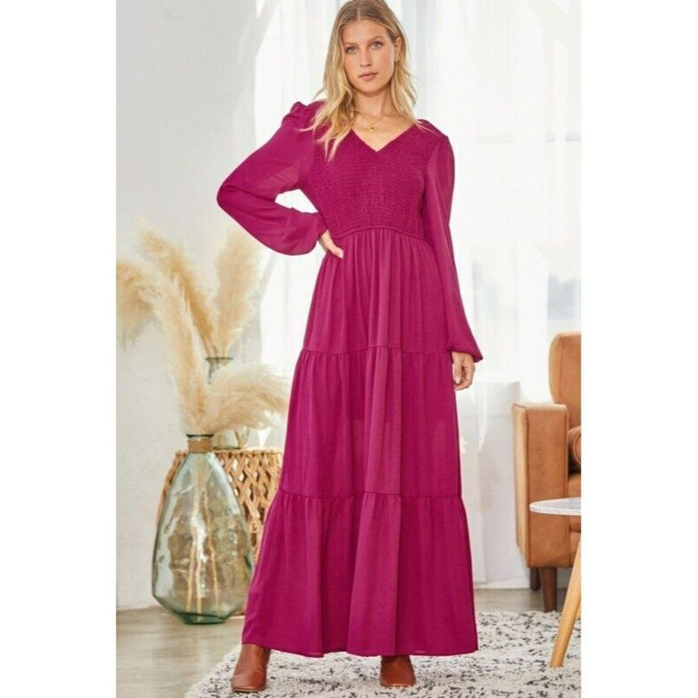 ANDREE BY UNIT Magenta V-Neck Long Sleeve Tiered Maxi Dress - Picture 5 of 6